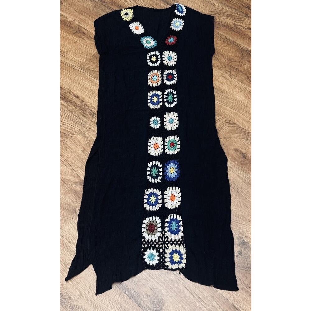 Black Crochet Gauzy Beach Dress Cover Up Swimsuit Beachwear Colorful Patchwork - Picture 2 of 6